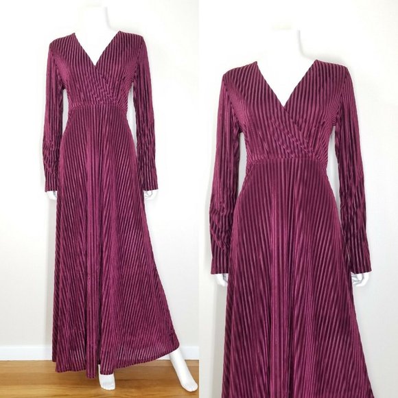 Velvet Burnout Striped Dress Plus Size Burgundy Empire Waist Maxi Cocktail Dress - Picture 2 of 12